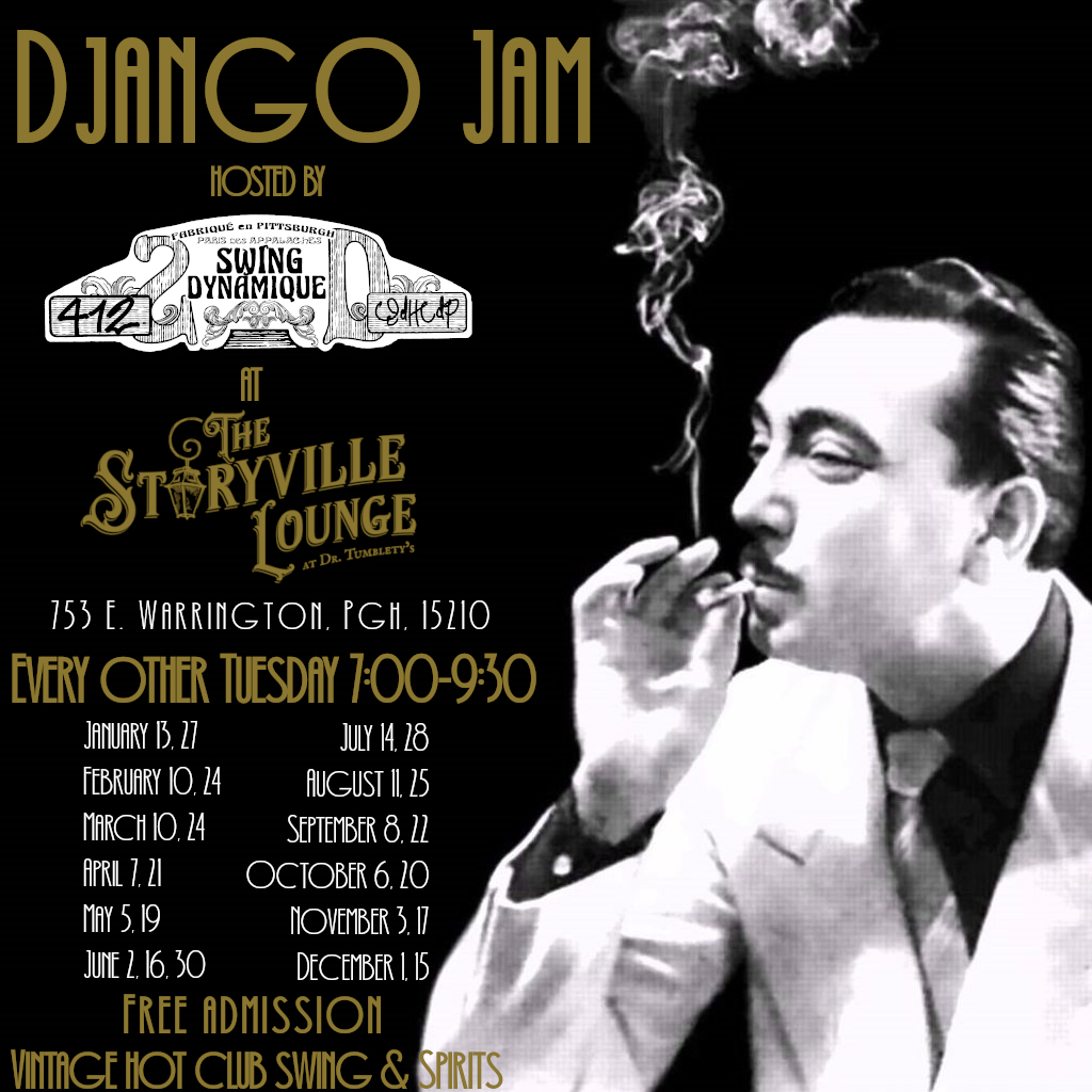 Flyer for a biweekly hot club jam session hosted by Swing Dynamique at the Storyville Lounge in Pittsburgh every other Tuesday from 7:00-9:30