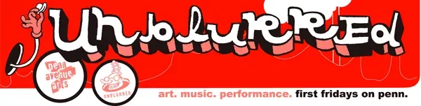 Logo of the Bloomfield-Garfield Corporation's Unblurred art gallery crawl advertising art, music, and performances on Penn Avenue on the first Friday of each month